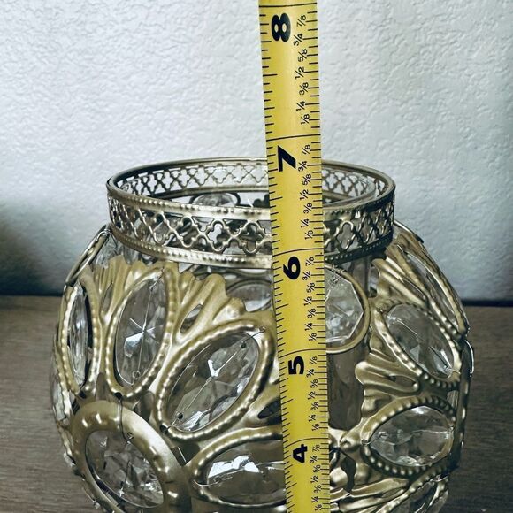Boho Modern Gold Jeweled Round Lantern Candle Holder - Picture 3 of 3